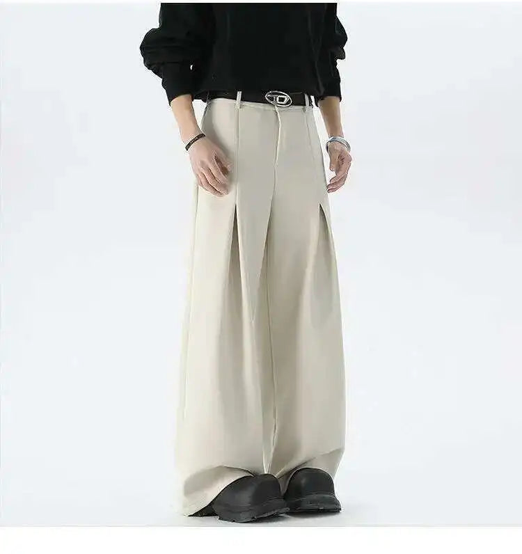 IEFB Pleated Design Men's Suit Pants Casual Solid Color American Style Bottom Drape Straight Wide Leg Male Trousers Simple 9W717