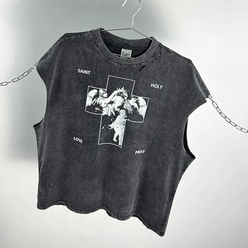 Red Skull Finger Print Damaged Hole Saint Tank Tee Men Women Streetwear Oversized Vest Vintage Washe Black Sleeveless T Shirt