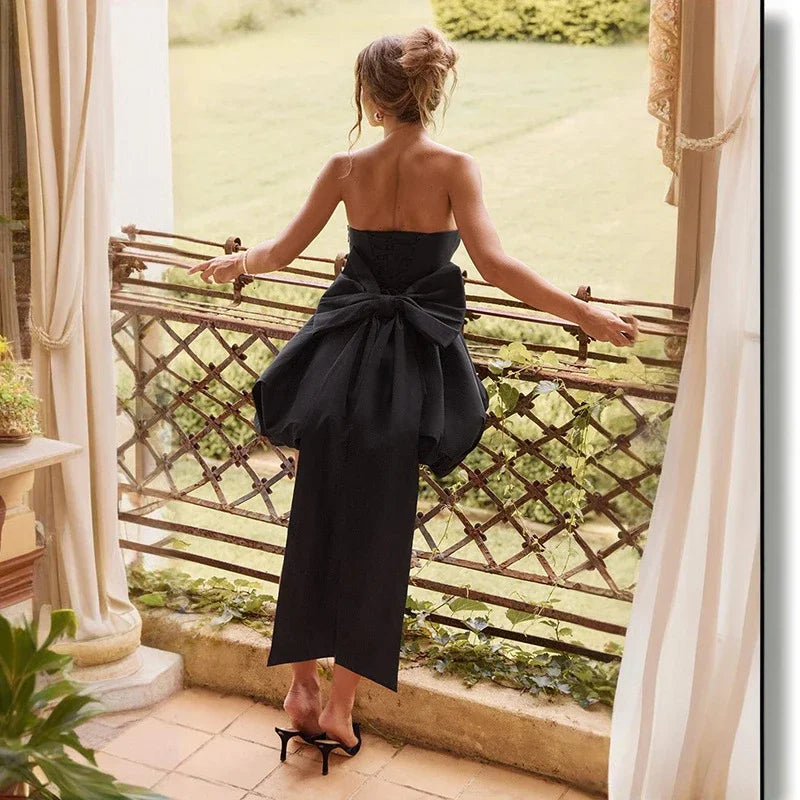 Women Evening Hollow Out Backless Solid Mini Party Dress Summer Ladies Sexy Bow Slim High Waist Holiday Temperament Dress 2025