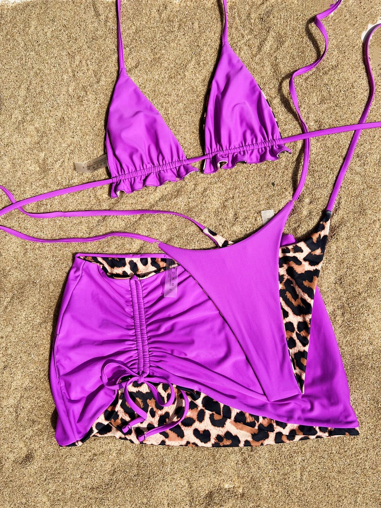Reversable Swimsuit 2025 New Summer 3pcs Set Leopard female Swimsuit Top Bottom bikinis Cover Ups Tong Biquinis Swiming Suit