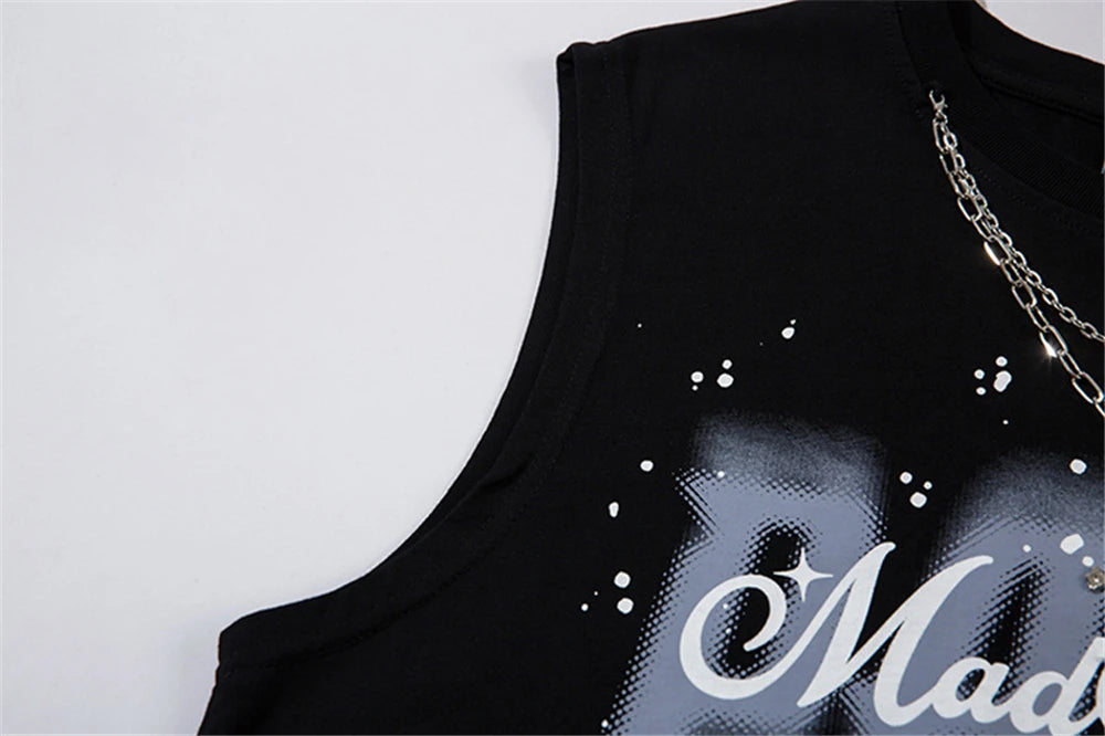 Hip Hop Tank Tops Men's Vintage Letter Graphic Sleeveless T-Shirt Streetwear Hole Harajuku Dancing Breathable Tops with Necklace