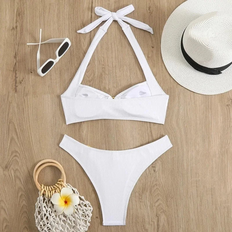 Sexy Women's Swimsuit Bikini Set Solid Halter Split Micro Bikini Two-piece Swimwear 2025 New Summer Swimming Beach Bathing Suits