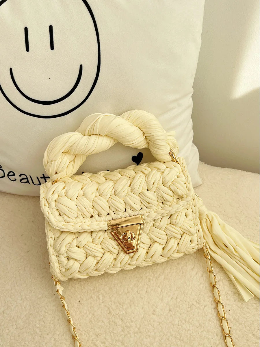 New Handmade Woven Women's Crossbody Bags Thread Hook Knitted Shoulder Bag Colorful Strip Chains Bags for Women Small Purses