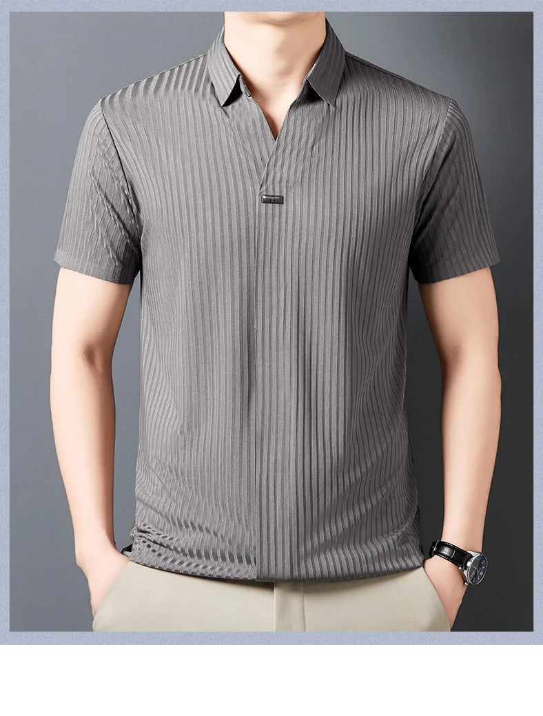 High quality personality texture stripe short sleeve polo shirt summer ice silk breathable buttonless men's solid color T-shirt