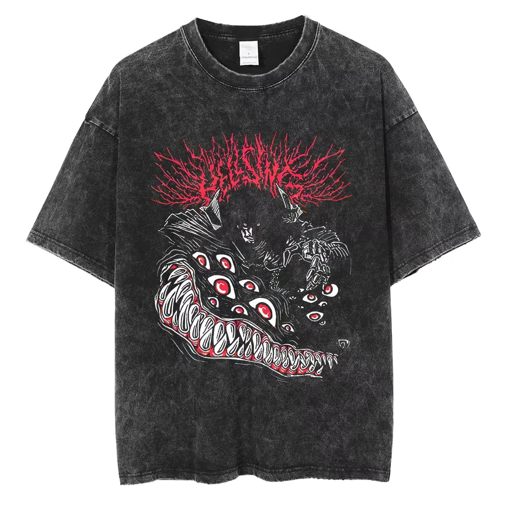 Anime Hellsing Alucard Graphic T Shirt Men Vintage Washed Manga T-shirts Short Sleeve Street Harajuku Casual Cotton Male Tops