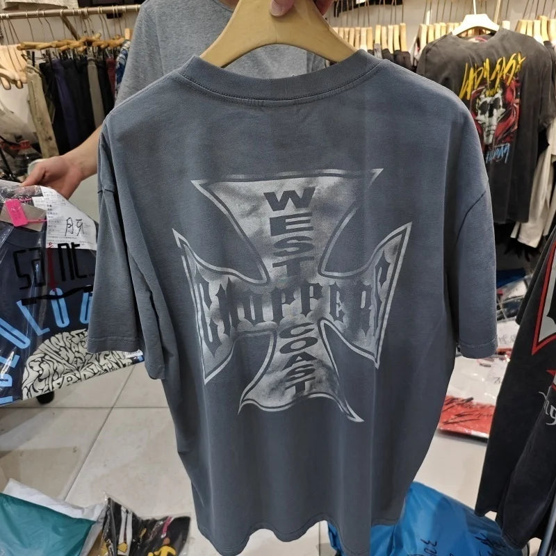 Vintage West Coast Choppers Printed T-Shirt Men's 100% Cotton Breathable Retro Biker Style Loose Fit Casual Streetwear