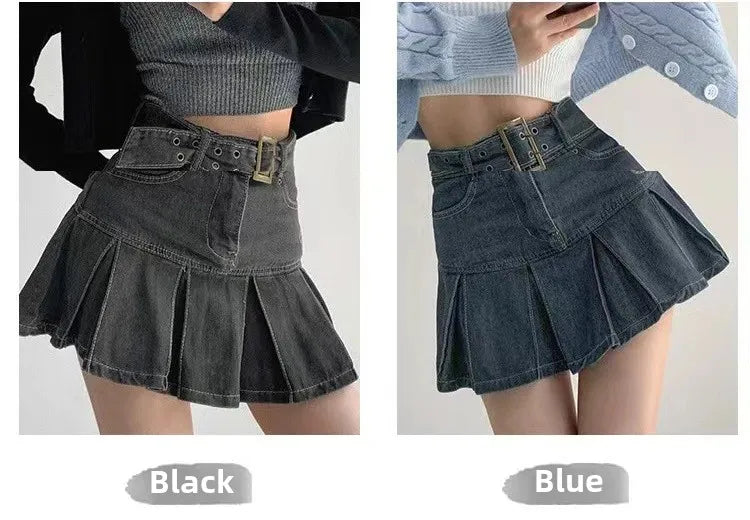 High Waist Denim Mini Skirt for Women Summer American Style Retro Pleated A- Line Short Skirt Trendy Cotton Denim Skirts