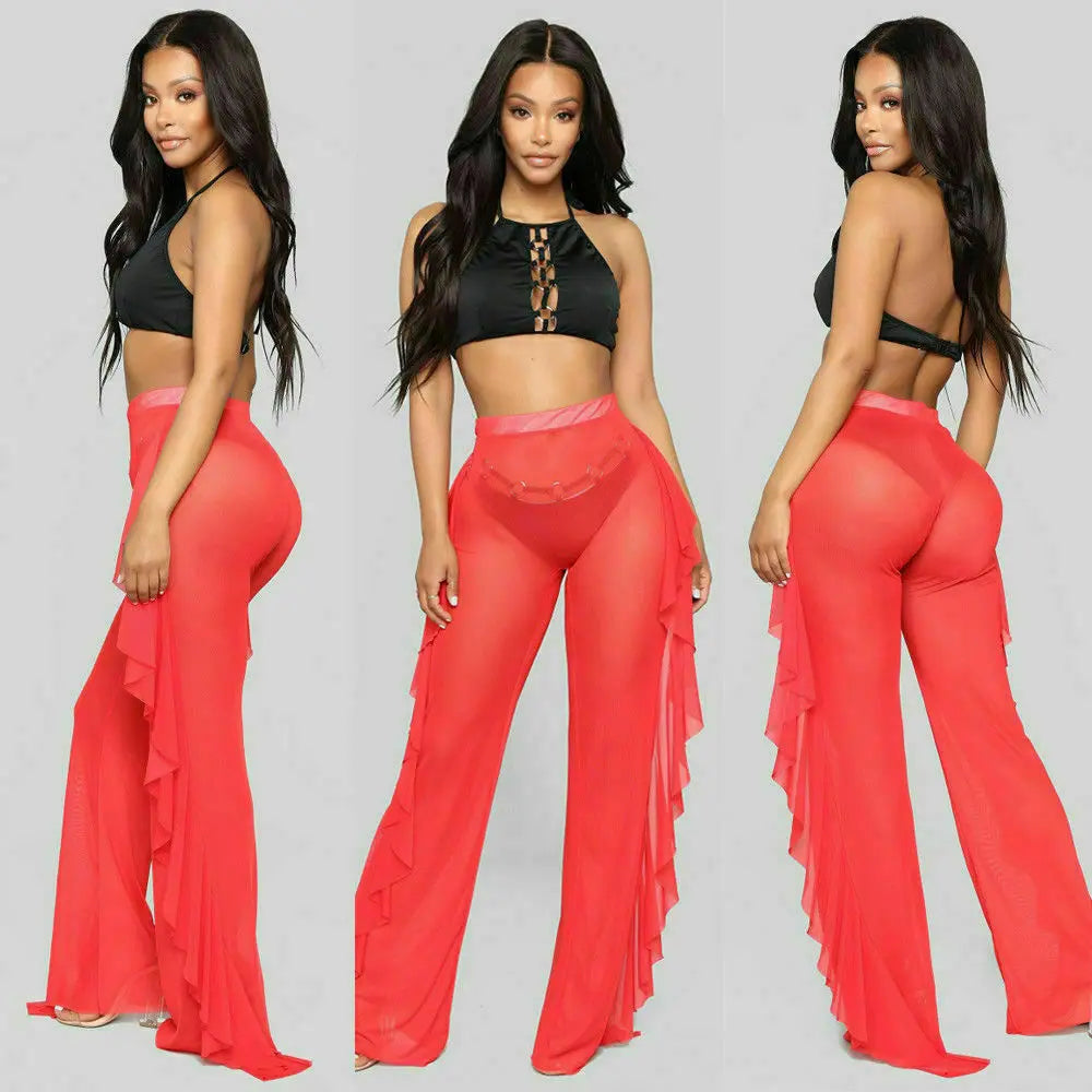 New Women Sexy Transparent Pants High Waist See Through Mesh Sheer Summer Beach Long Pants Bandage Solid Trousers 4 Colors S-XXL