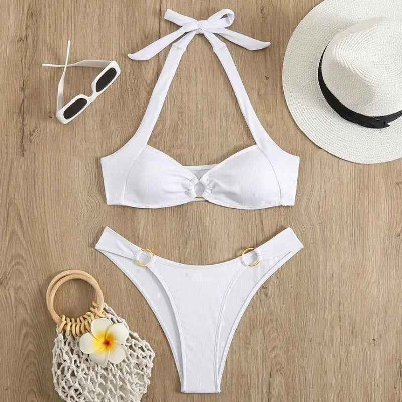 Sexy Women's Swimsuit Bikini Set Solid Halter Split Micro Bikini Two-piece Swimwear 2025 New Summer Swimming Beach Bathing Suits