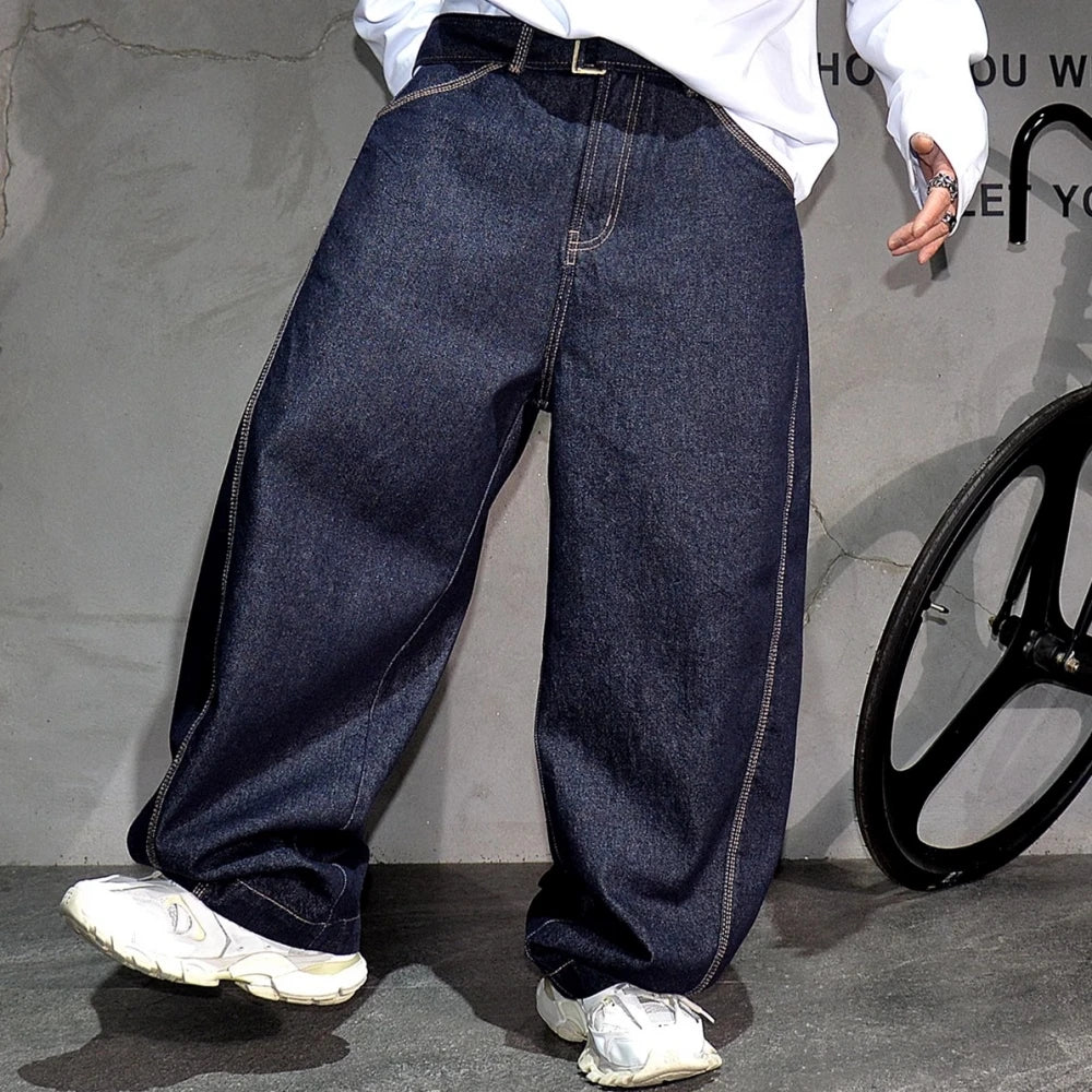 Mens American High Street Baggy Jeans Navy Blue Premium Denim Wide Leg Straight Loose Fit Korean Streetwear Trendy Pants Male