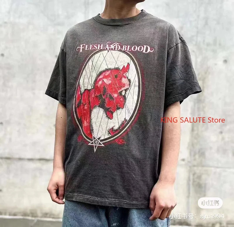 Vintage Series Saint Round Neck Sexy Robot Printed Casual High Quality Oversized T Shirt Harajuku Streetwear Men