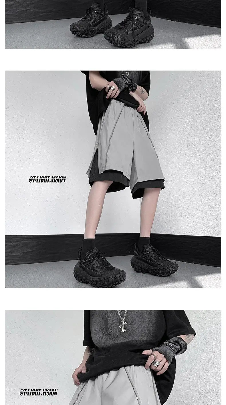 American Functional Shorts Men's Summer Design Fake Two-piece Zippered Trousers Loose Casual Pants