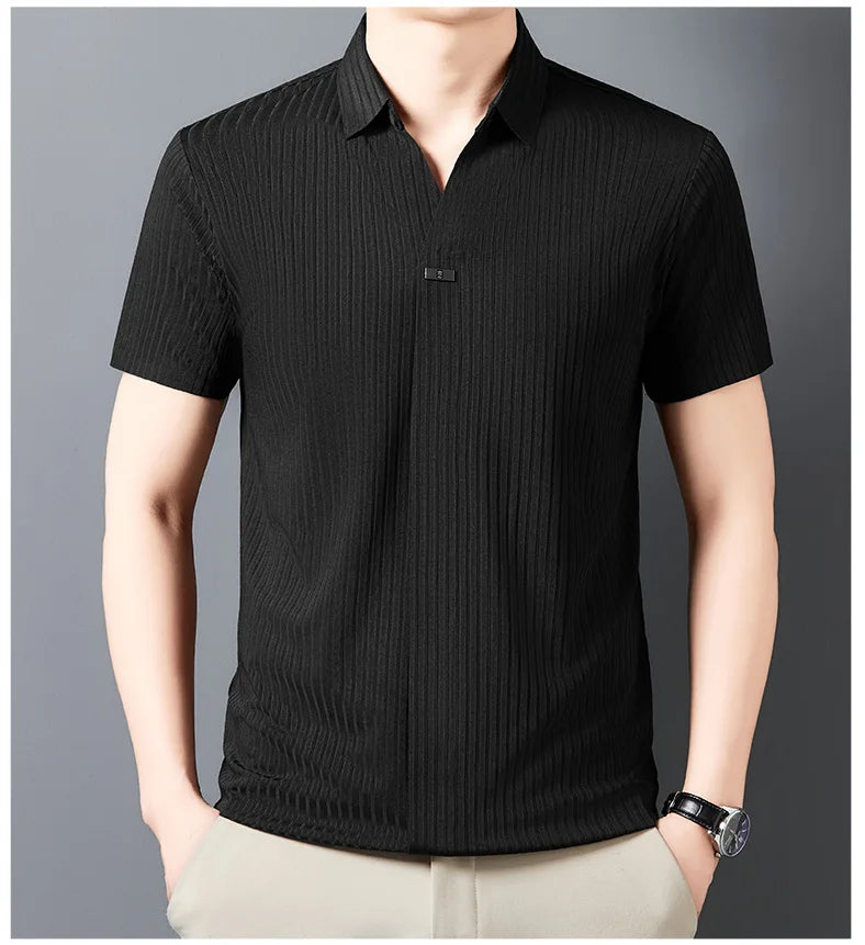 High quality personality texture stripe short sleeve polo shirt summer ice silk breathable buttonless men's solid color T-shirt