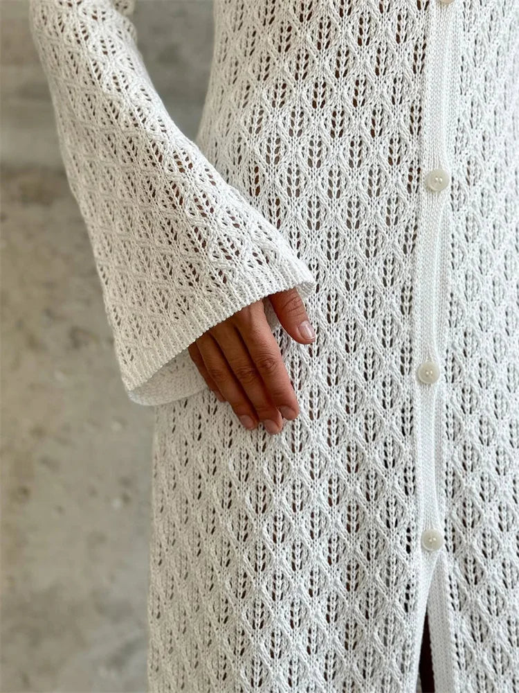 Tossy Elegant Knitwear Hollow Out Long Dress Cardigan For Women V-Neck Patchwork See-Through Loose Beach Dress Knit Female Dress