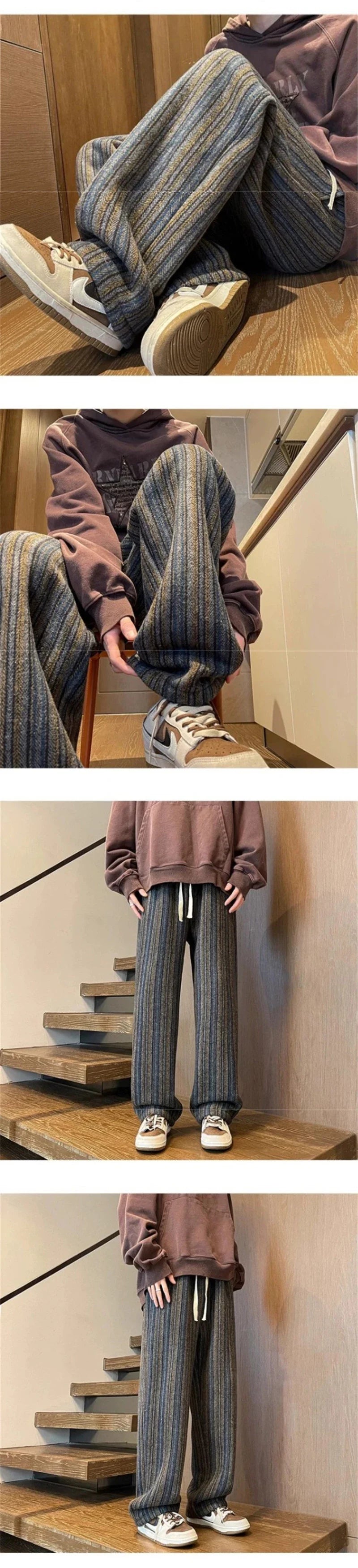 2025 New Men's Striped Woolen Straight Leg Trousers Classic Y2K Vintage Baggy Pants Casual High Street Fashion Gym Sweatpants