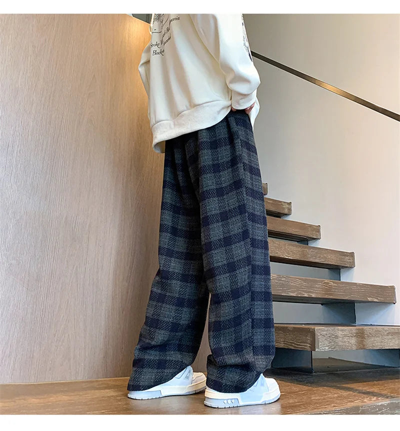 New Y2K Vintage Plaid Baggy Pants Men's High Street Woolen Straight-leg Trousers Autumn Korean Fashion Hip Hop pantalones hombre