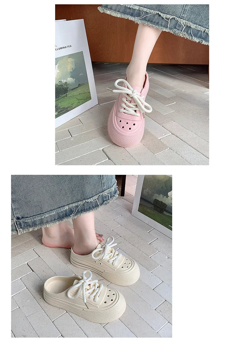 Women Fashion Clogs Lace-up Platform Slippers Summer Shoes Soft EVA Anti-slip Female Beach Street Slides Thick Sole Sandals