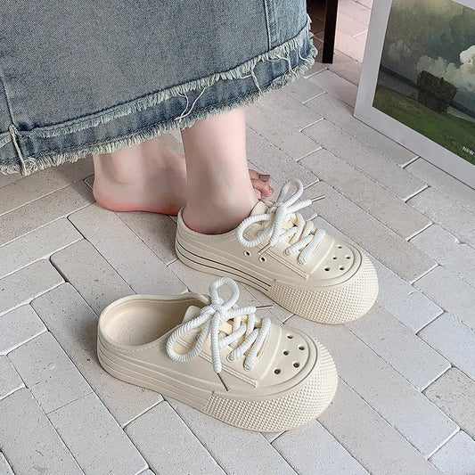 Women Fashion Clogs Lace-up Platform Slippers Summer Shoes Soft EVA Anti-slip Female Beach Street Slides Thick Sole Sandals