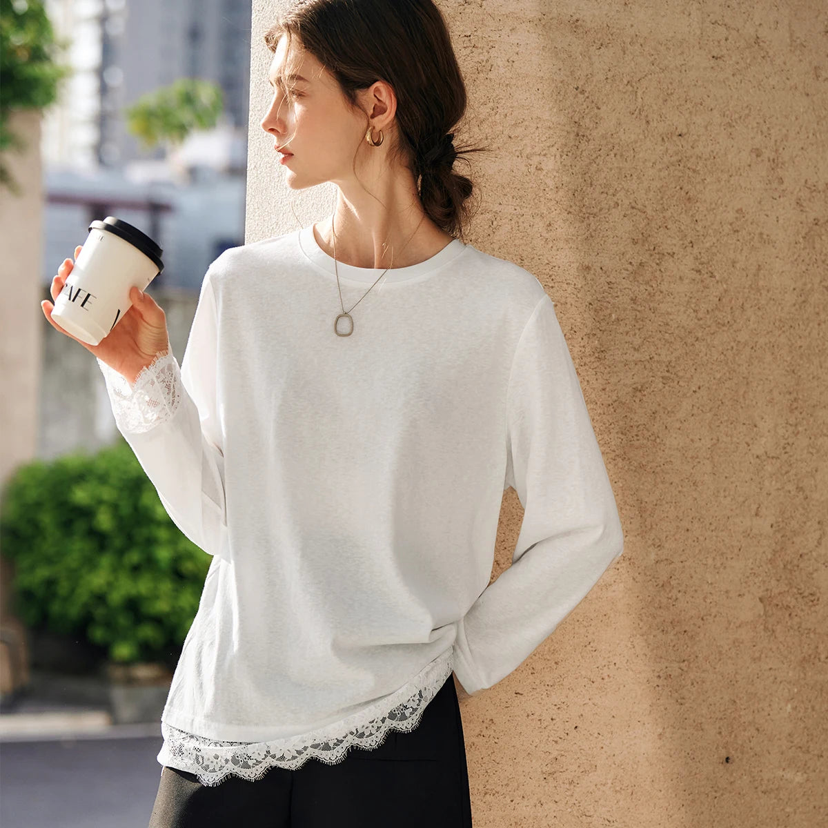 OLrain Cotton White T-shirt Women 2025 Autumn Casual Loose Tee Shirt Crewneck Lace Long Sleeve Tops Woman Clothing N57CT95669