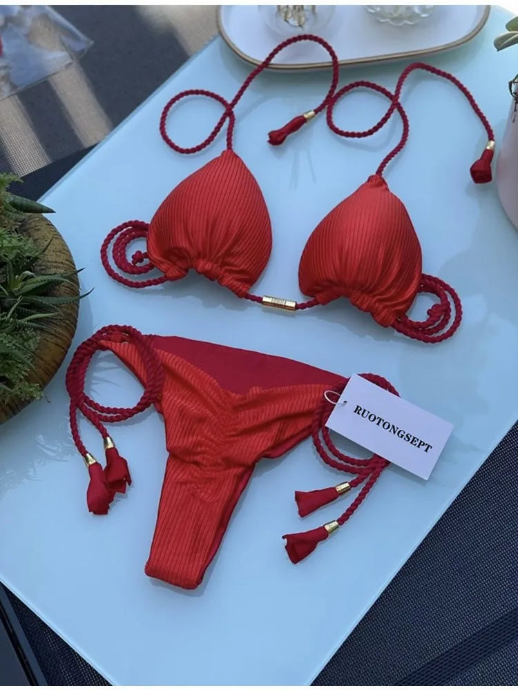 Women Bikini Rope Triangle Swimsuit Multicolor Sexy Low Waisted Bikini Set Swimsuit Swimwear Women BeachwearBrazilian biquini