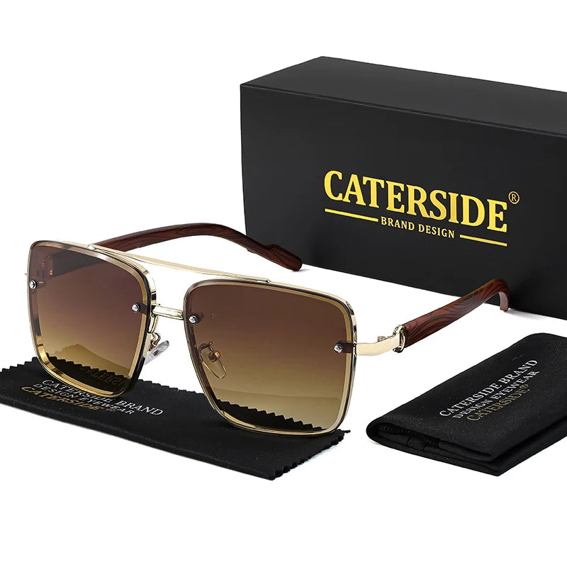 CATERSIDE Retro Wooden Temple Sunglasses Men Square Flat Top Double Bridges Sun Glasses Women Travel Fashion Eyeglass UV400