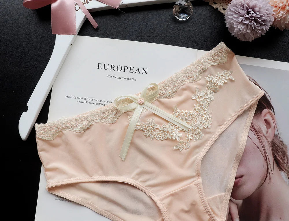 SP&CITY Flower Embroidery Ice Silk Bow Sexy Women's Underwear Low Waist Traceless Breathable Summer Thin Panties Seamless Briefs