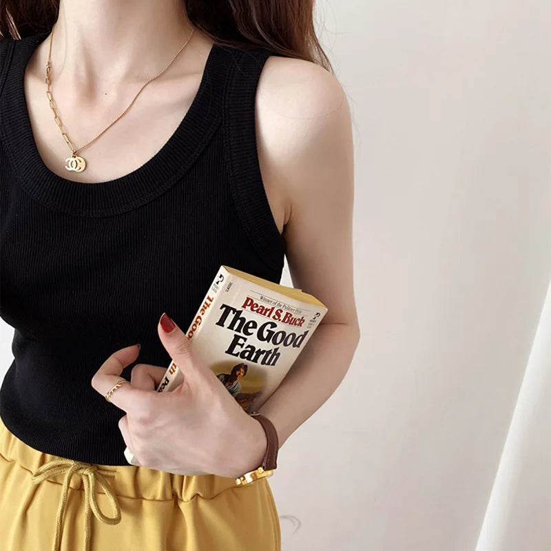Summer Knitted Solid Color Tanks Top White Skinny Camisole Women Basic Camisole T-Shirt