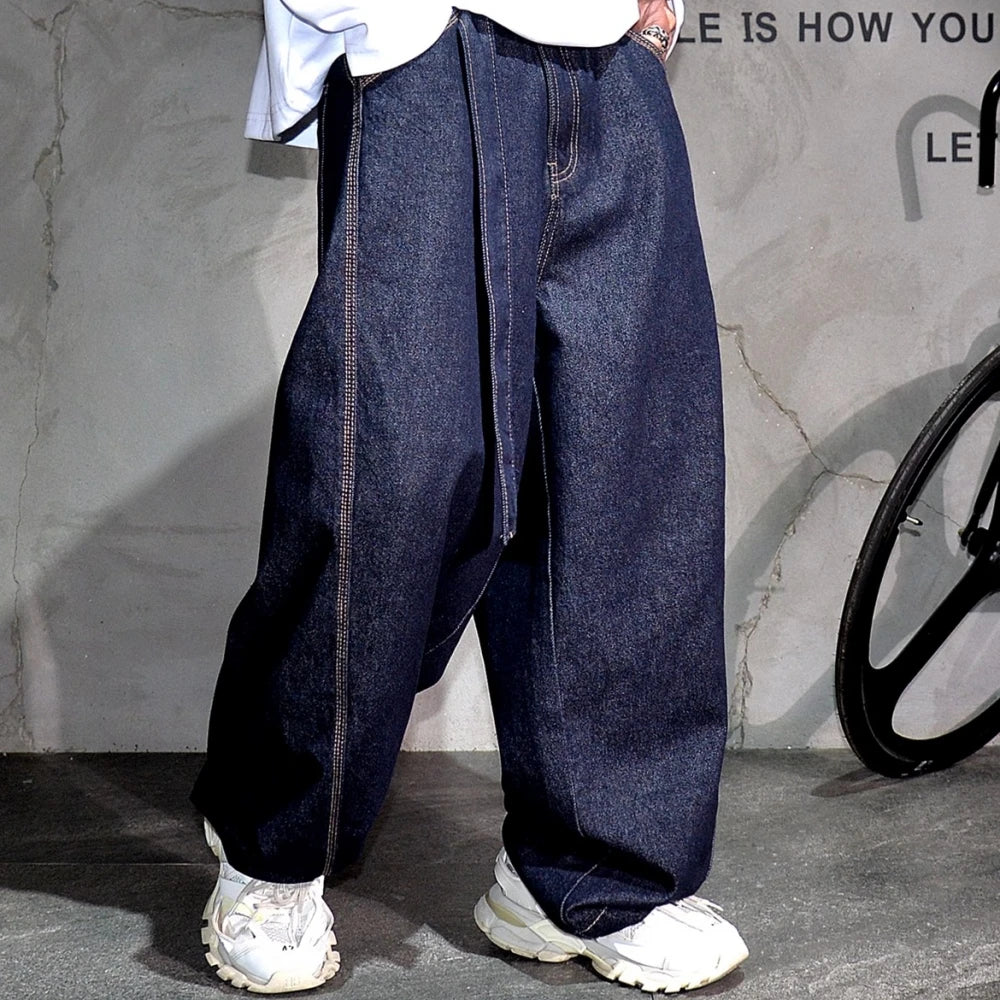 Mens American High Street Baggy Jeans Navy Blue Premium Denim Wide Leg Straight Loose Fit Korean Streetwear Trendy Pants Male