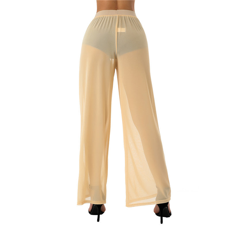 Women See Throug Mesh Cover up Pants Swimsuit Bikini Bottom Cover up Elastic Waist Loose Wide Leg Long Palazzo Pants Trousers