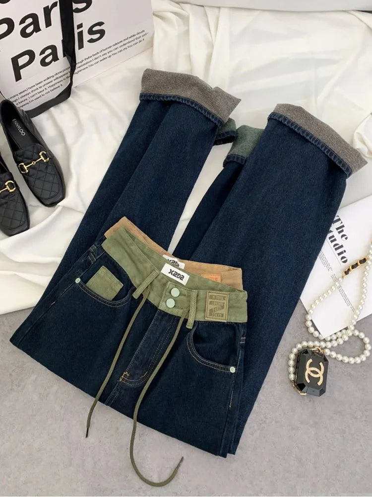 Korean Design Drawstring Baggy Straight Jeans Women Vintage Casual High Waist Wide Leg  Denim Pants Streetwear Loose Vaqueros