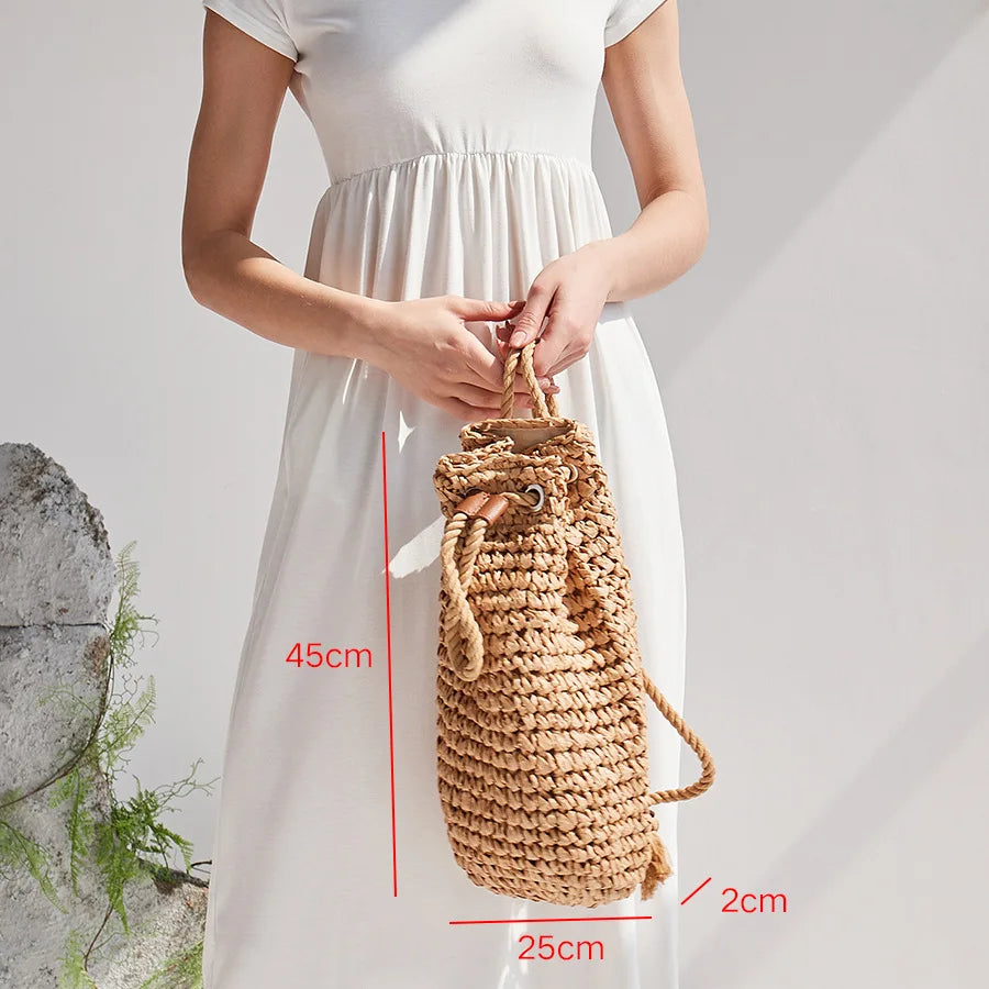 Summer Straw Backpack for Women Handmade Drawstring Beach Shoulder Bags Raffia Rattan Woven Travel Handbags bali lady backpacks