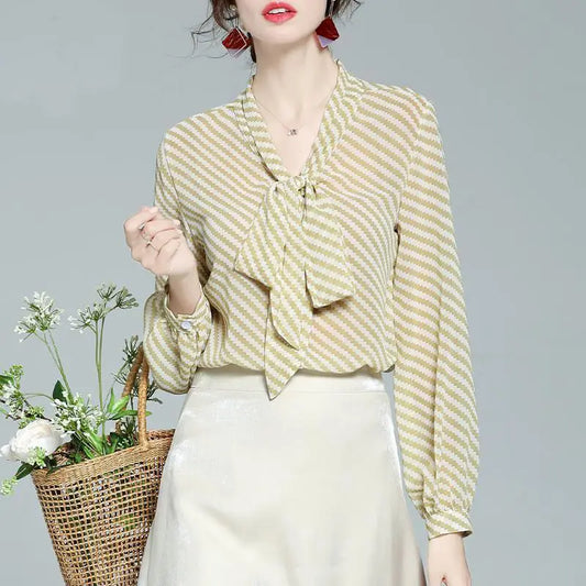 Spring Summer Women Chiffon Shirt Stripe Loose Long Sleeve Bow Office Fashion Urban Cardigan Elegant Women's Blouses 2022 5XL