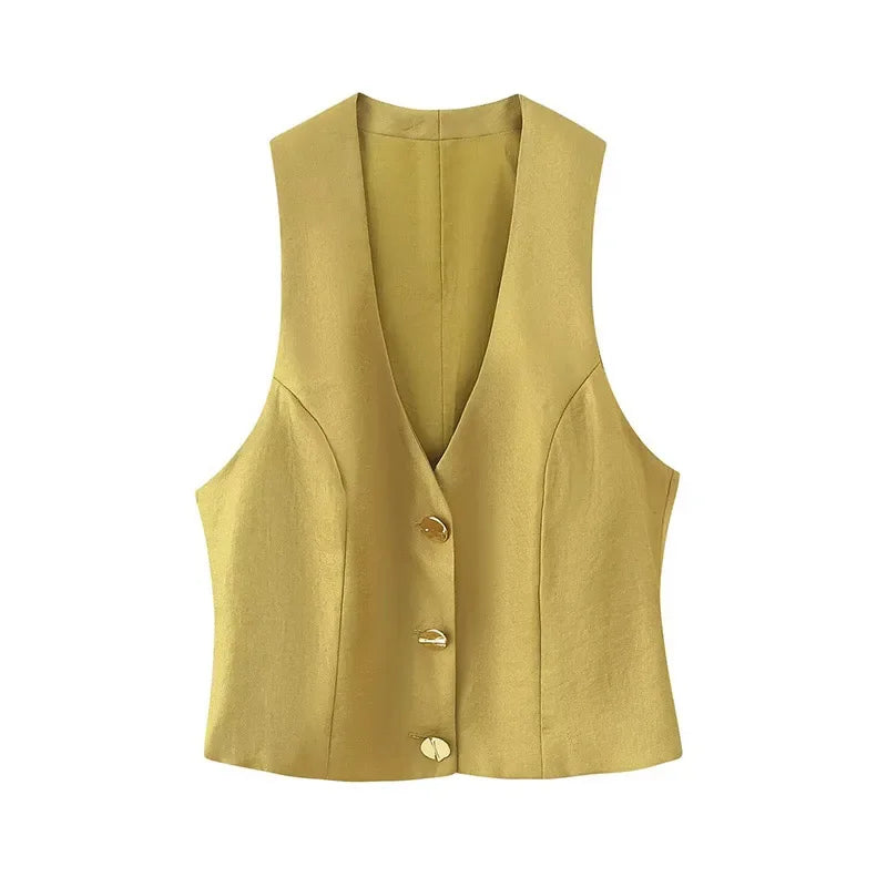 Elegant Satin Sling Top Pants Set Women V-neck Single Breasted Waistcoat Wide Leg Trousers 2025 Summer Lady Street 3 Piece Suits