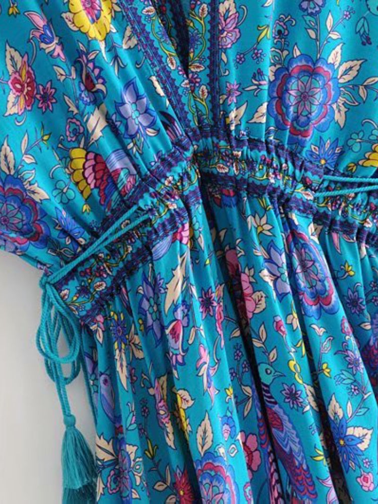 Robe Maxi Vintage Chic pour Femme, Imprimé Floral Paon, Manches Chauve-Souris, Bohème, Col en V, Pompon, Plage, Été