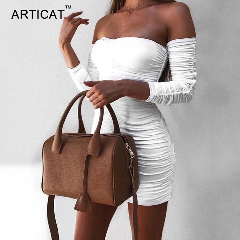 Articat – robe à bandes pour femmes, Sexy, épaules dénudées, manches longues, Slim, élastique, moulante, robes de soirée, automne hiver, 2022