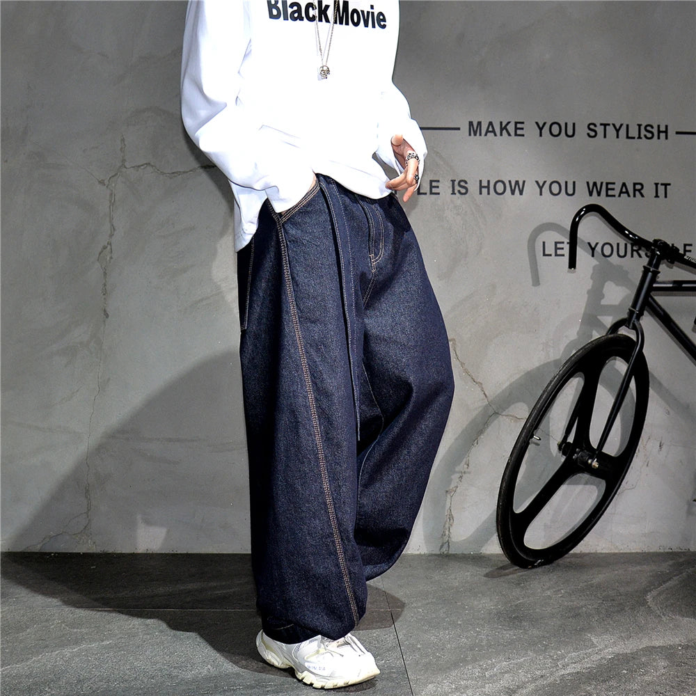 Mens American High Street Baggy Jeans Navy Blue Premium Denim Wide Leg Straight Loose Fit Korean Streetwear Trendy Pants Male