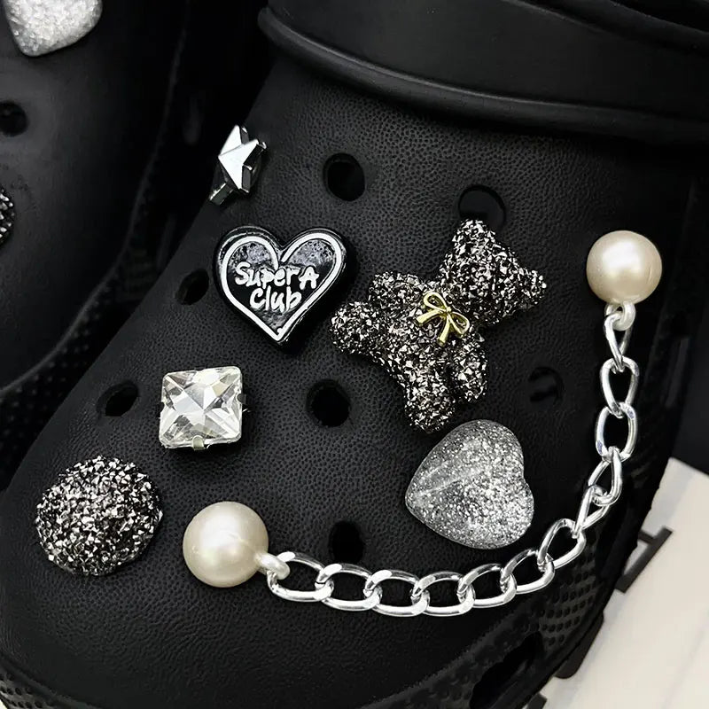 Sparkling Bear Love Rhinestone Pearl Chain Shoe Charms for Crocs Clogs Pins Decorations Slipper Accessories Garden Sandals Gift