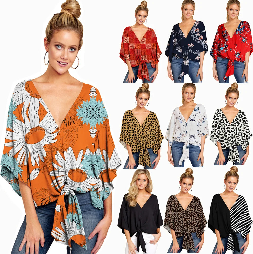 Spring Summer 2024 New Women's Shirt Sexy V-neck Short Sleeved Fashionable Printed Knot Printed  Sleeve Top
