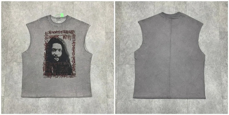 Vintage Washed Saint Sleeveless Tank T-shirts Oversize Men Woman Good Quality Black White Grey Hole Old Summer Streetwear