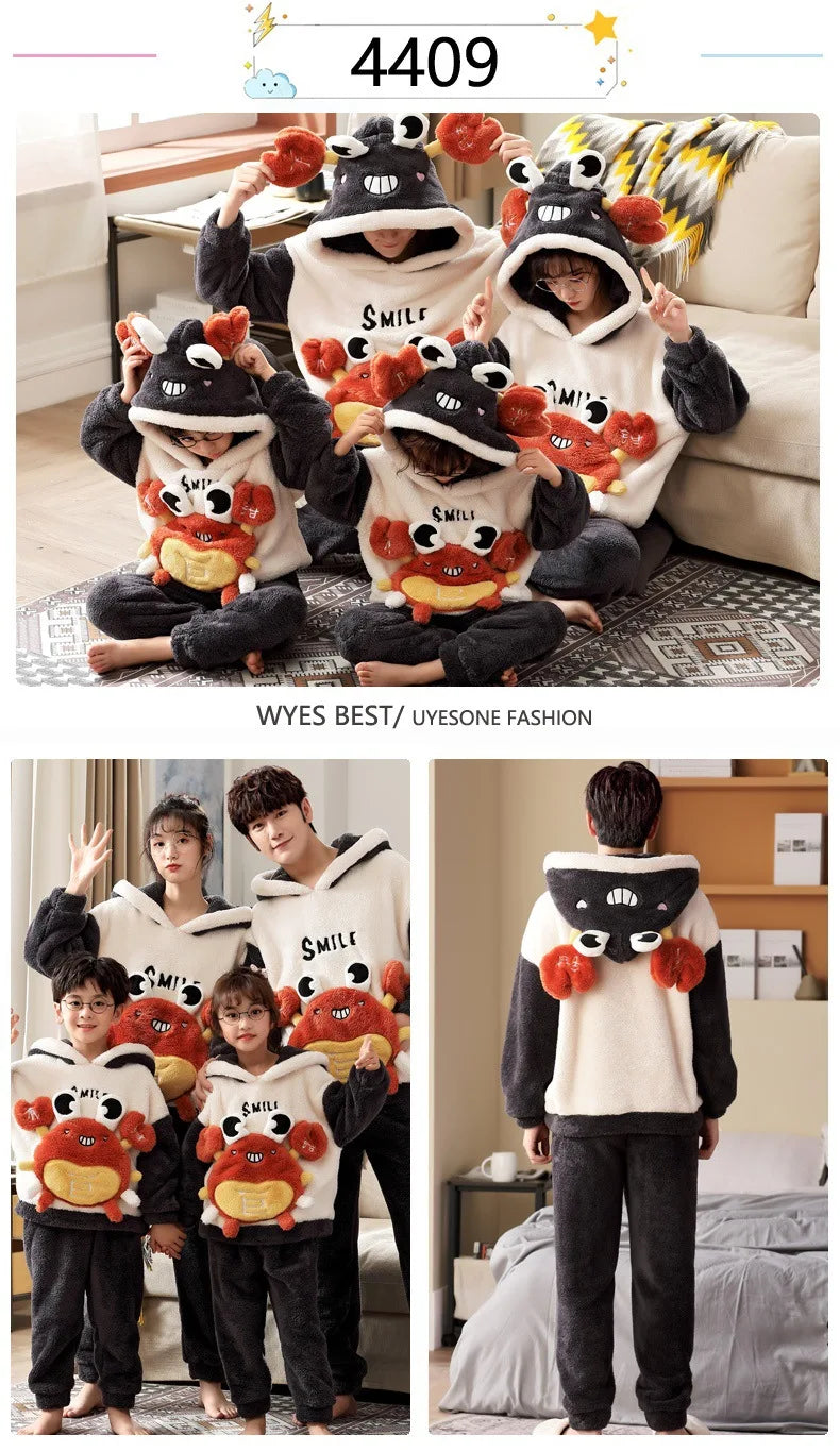 Winter Thicken Family Parent-Child Outfits Pijamas Sets Women Men Anime Sleepwear Adult  Pyjamas Korean Hoodie Suits