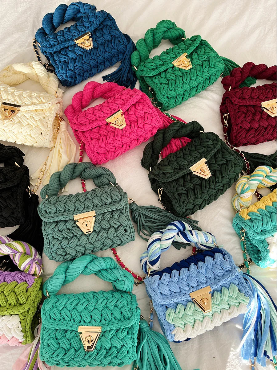 New Handmade Woven Women's Crossbody Bags Thread Hook Knitted Shoulder Bag Colorful Strip Chains Bags for Women Small Purses