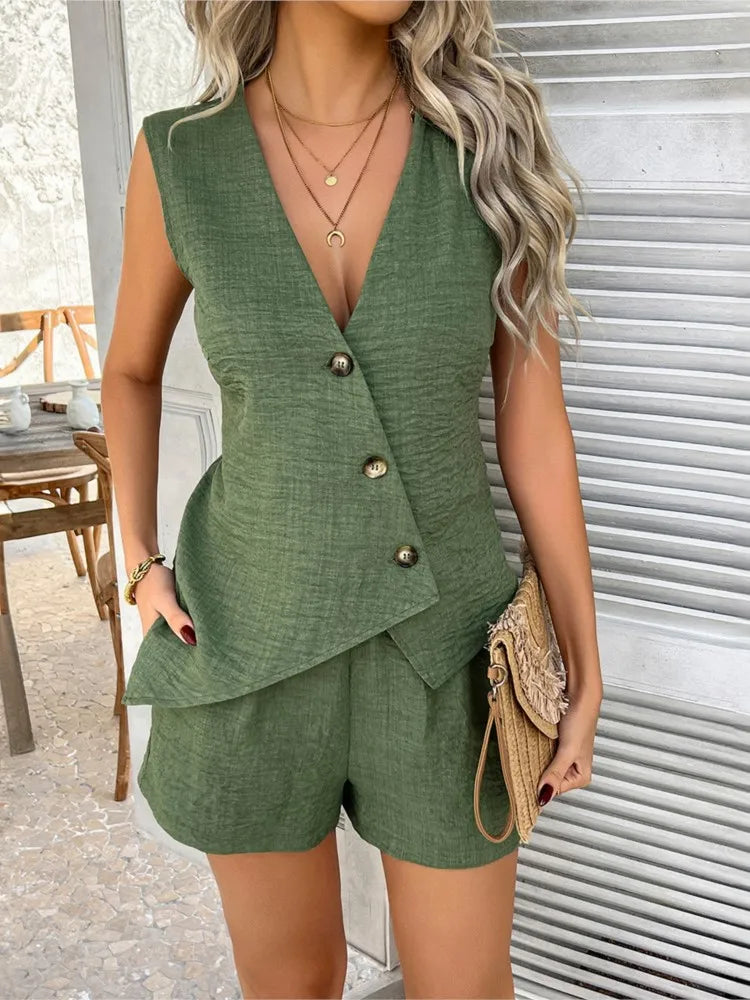 Fashion V-neck Asymmetrical Single-breasted Lady Waistcoat Two-piece Set Spring Summer New Casual Elastic Waist Women Shorts Set