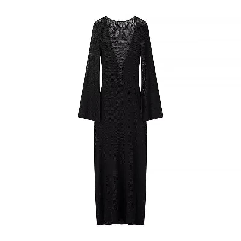 Sexy Hollow Out Metal Ring Buckle Splicing Knit Women Maxi Dress Chic Full Sleeve High Waist Long Dresses Lady Beach Party Robes