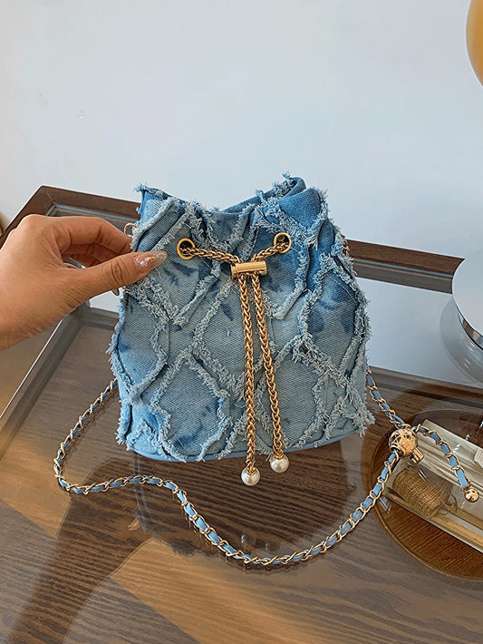 Vintage Denim Bucket Bag Retro Style Light Blue Ripped Edge Design Gold Chain Pearl Embellishment Adjustable Fringe Shoulder Bag
