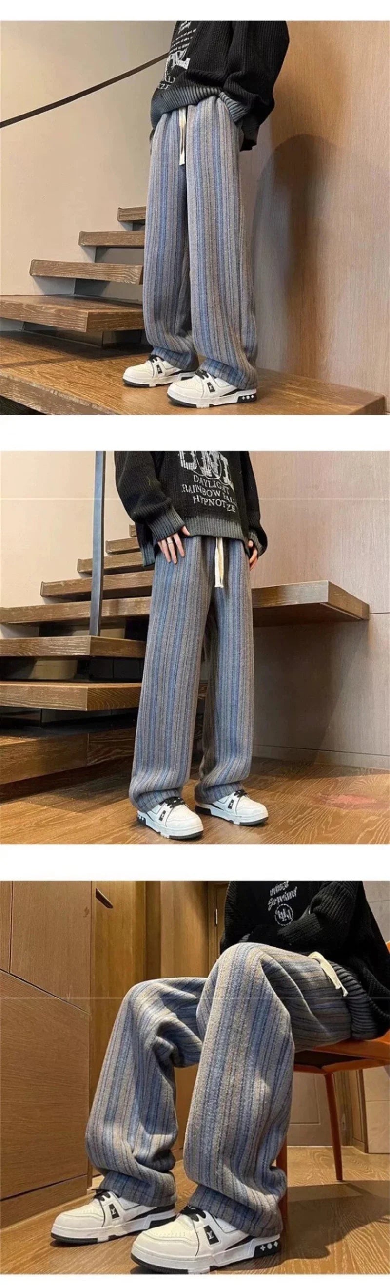 2025 New Men's Striped Woolen Straight Leg Trousers Classic Y2K Vintage Baggy Pants Casual High Street Fashion Gym Sweatpants
