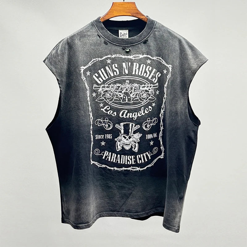 Hip Hop Vintage Washed Black Damaged Hole Tank Men Women Top Quality Cotton Oversized Saint Vest Stitching Sleeveless T Shirt